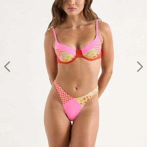 NWT OneOne Swimwear SET Bikini Floral Checks Red NEW Angelina Renata Pink Cute